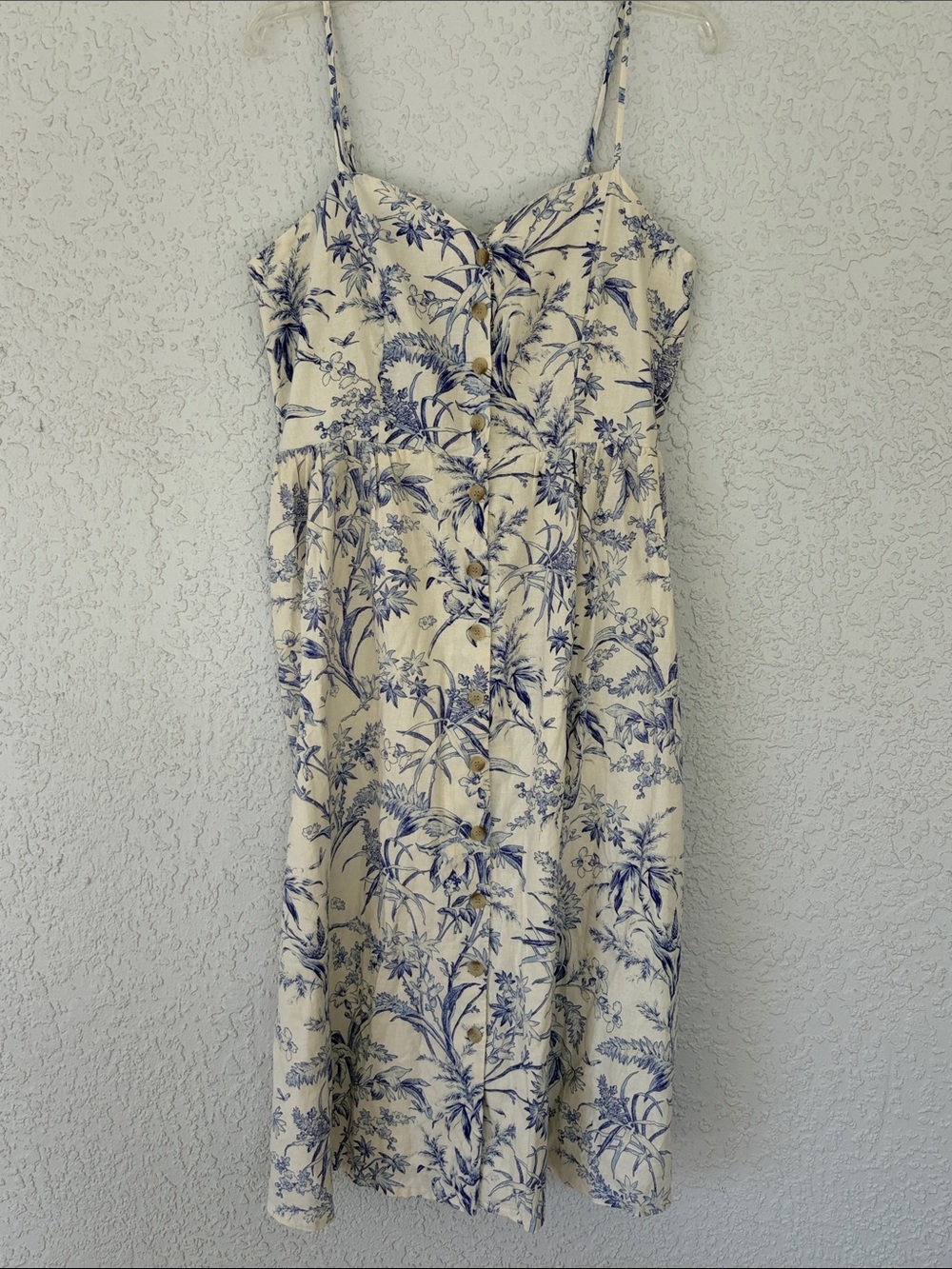 H&M Cream linen  blend Midi Dress with Blue Botanical Print size L